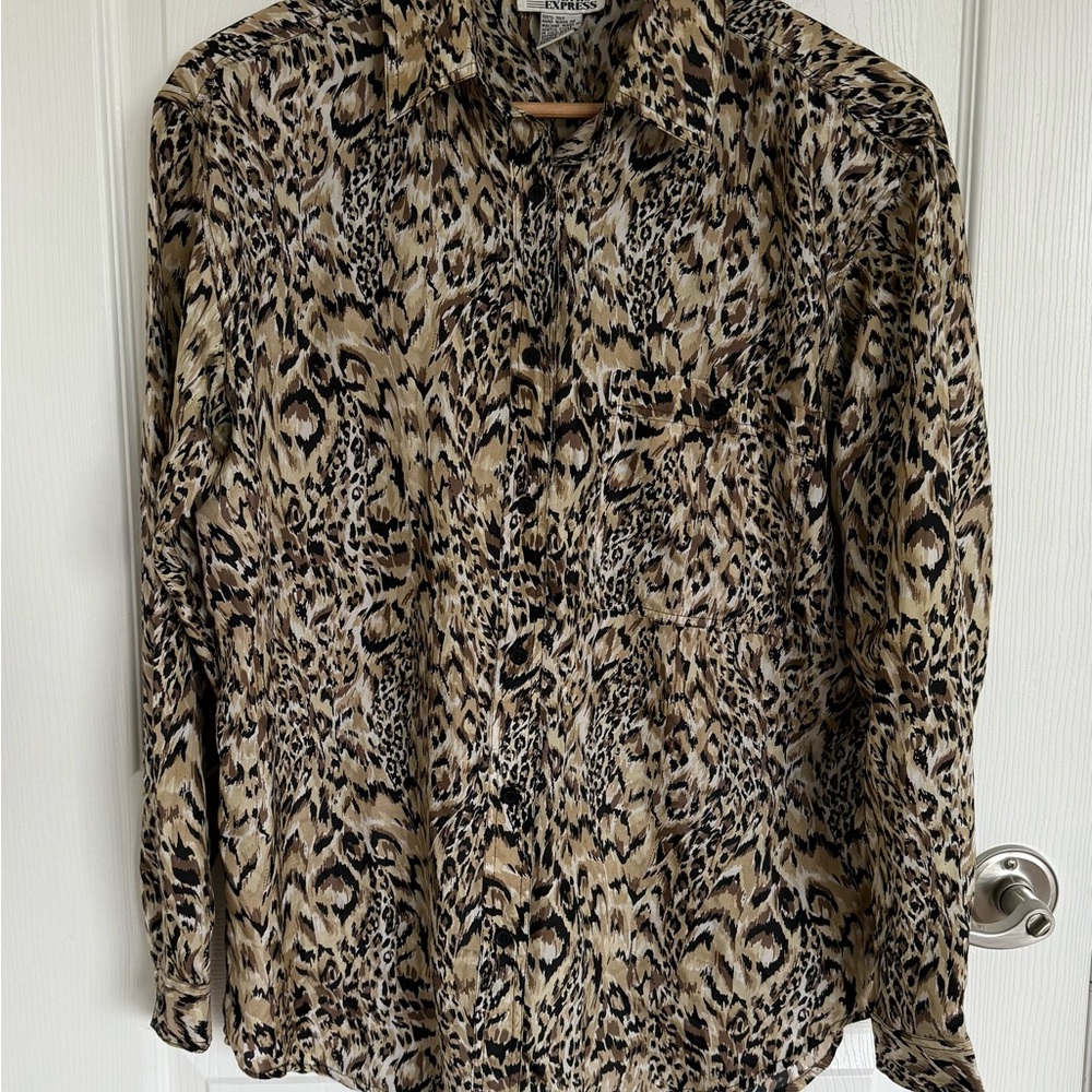 Women’s Vintage Metro Express Silk Animal Print Long Sleeve Shirt Blouse Size M